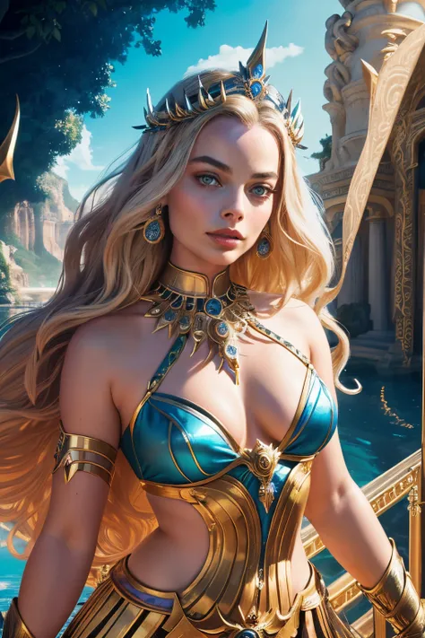 "Generate an AI-powered artwork that envisions Margot Robbie as a mythical figure, drawing inspiration from various mythologies. Picture her transformed into a goddess or legendary character, adorned in symbolic attire that reflects the essence of her chos...