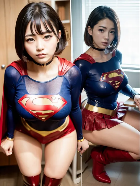 ​masterpiece,Short-haired supergirl spreading her thighs on a hospital operating table、large full breasts、Looking at the camera、Glossy enamel costume、Glossy red enamel long boots、shiny red enamel skirt、a choker、Glimpse、Fluttering cloak、seduces、sexypose、sha...