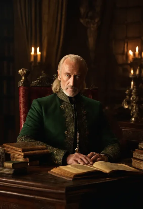 A dimly lit study with ancient tomes and scrolls scattered across the desk,Game of Thrones,Tywin is tall with receding blonde/grey hair, green eyes, grim expression, wears red and gold, famously portrayed by Charles Dance