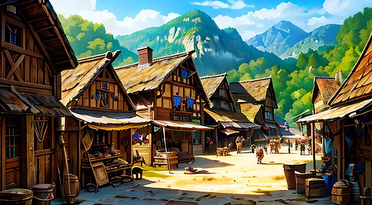 fantasy medieval a town in the country side, several buildings containing a blacksmith, leatherworker, weaponsmith, general good...