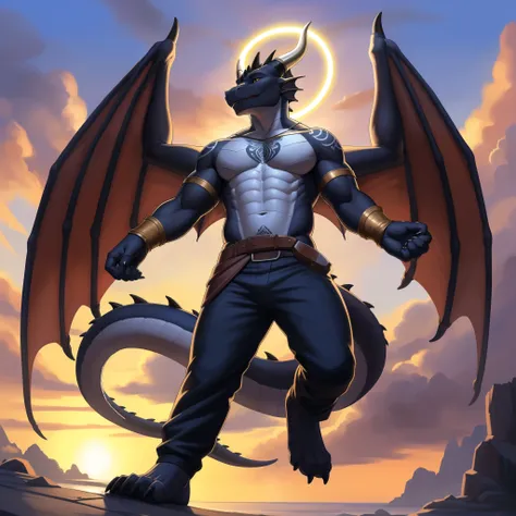 (masterpiece, best quality, high quality, highres:1.4), detailed, extremely detailed, bright lighting, 4K, (by ruaidri), yupa, kiyosan,(by meesh), (by fffffolder)), delga: ( slim, athletic, dragon, black body, smooth skin, athletic muscle, anthro legs, God...