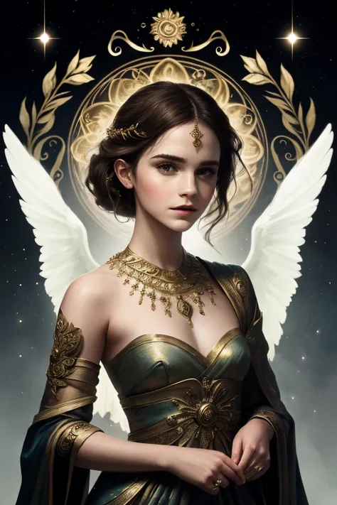 "Generate an AI-powered artwork that envisions Emma Watson as a mythical figure, seamlessly weaving elements of classic mythology into her portrayal. Picture her in an ethereal setting, adorned with symbolic motifs representing various myths and legends. I...