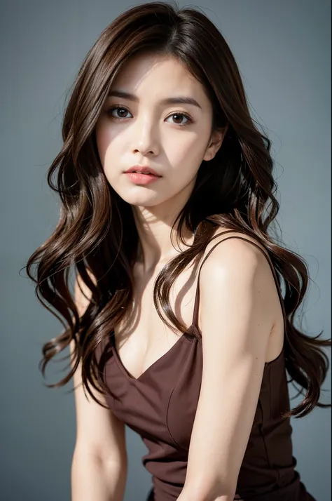 dark brown hair、loose wavy hair、Top image quality、simple background、30-year-old woman、dressed casually