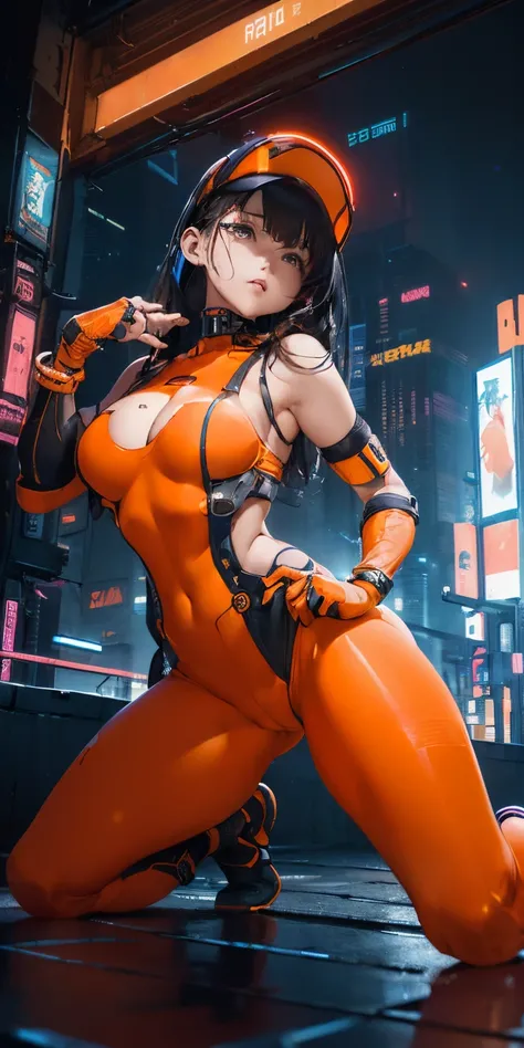 top-quality))、((​masterpiece)、Big breasted cyberpunk kneeling with hands on the ground、Big buttocks、Electronic visor attached to 12-year-old girls face with emphasis on buttocks、Cyberpunk Fashion、Sexy Posing、((Wearing orange body spats on the lower body))、...