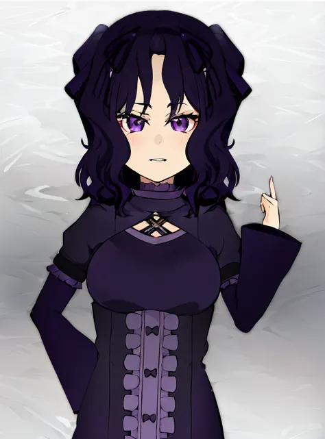 anime girl with purple eyes and black hair in a purple corset, anime moe artstyle, shalltear from overlord, 1 7 - year - old anime goth girl, anime girl wearing a black dress, cel - shaded art style, demon slayer rui fanart, black - haired mage, gothic mai...