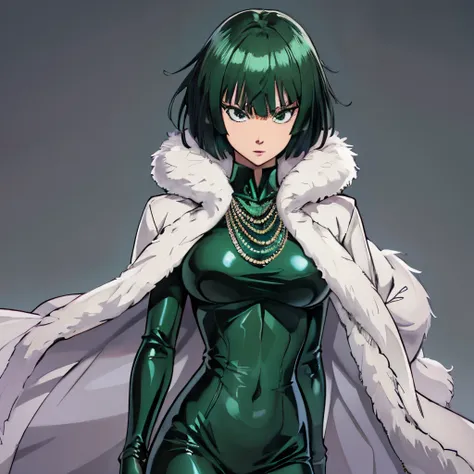 high quality, extremely detailed, perfect face, masterpiece, fubuki \(one punch man\), green-black short hair, long sleeved blac...