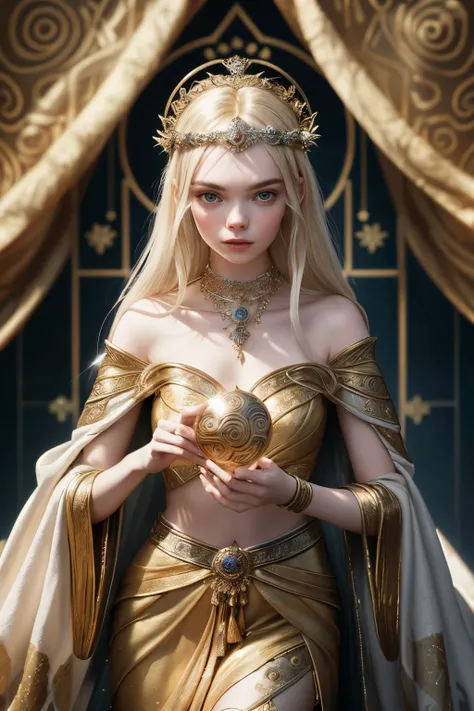 "Imagine an AI-generated artwork that weaves Elle Fanning into the tapestry of mythology. Envision her as a mythical figure, adorned in ethereal attire that seamlessly blends contemporary elegance with elements inspired by ancient myths. Picture her surrou...