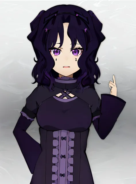 anime girl with purple eyes and black hair in a purple corset, anime moe artstyle, shalltear from overlord, 1 7 - year - old anime goth girl, anime girl wearing a black dress, cel - shaded art style, demon slayer rui fanart, black - haired mage, gothic mai...