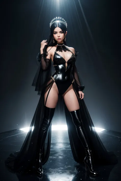 20 year old girl, she is a pop star, she is wearing tulle clothes with black spandex with a lot of shine and stones, her clothes are bold and sexy, she is sexy, she is 1.50 tall, light black skin, he is in a diva pose, the background is black and she is on...