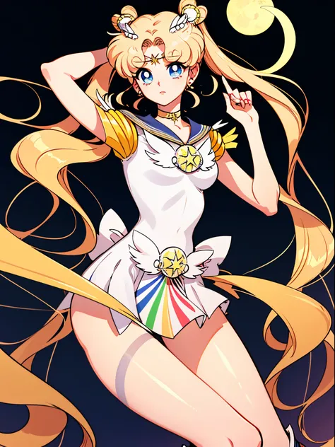 sailormoon、Uniform with sailor collar、Blue or white、front red ribbon front（Crescent）

a blond、Long twintails、She wears a small tiara in the corner of her blue eyes, Fastens with ribbon at the back.、Designed with a crescent moon symbol、glove boots: Sailor M...