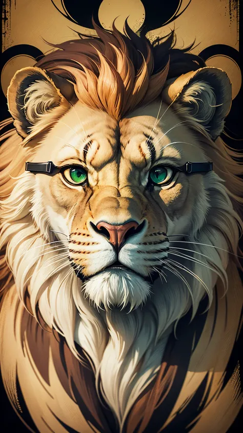 logo style,  cool retro lion wearing shades, facing front  , colors green brown black , background dark --auto --s2