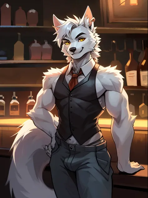 Male, arctic wolf, yellow eyes, detailed eyes, long tail, smiling, bartender, ripped baggy jeans, pierced ear