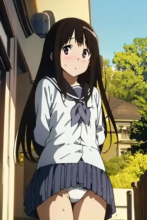 chitanda eru, hyouka, nsfw,(Lift up the skirt:1.4),(white panties visible:1.3),contemptuous,disdain,(hate:1.3),looking down,elegant,active angle,dynamism pose, outdoors, (embarrassed,nose blush:1.3),from below, Sailor Uniform