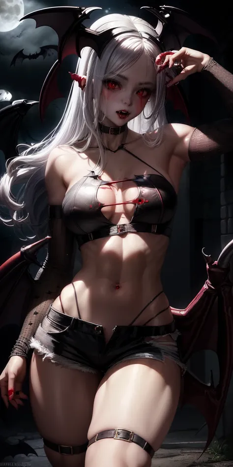 realistic, 1girl, (vampire girl:1.4), white hair, (red eyes), glowing eyes, slit pupils, (blood, blood splatter), crop top, cleavage, short shorts, collarbone, parted lips, fangs, makeup, blush, night, reflection, full moon, moonlight, rose, castle, shadow...