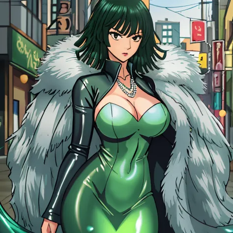high quality, extremely detailed, perfect face, masterpiece, city street, Fubuki (one punch man), green-black hair, (long sleeved black latex mermaid dress), white fur coat, necklace, large breasts