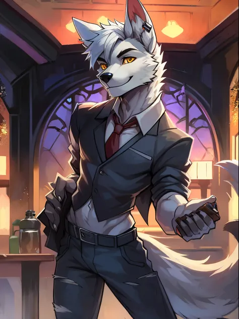 Male, arctic wolf, yellow eyes, detailed eyes, long tail, smiling, bartender, ripped baggy jeans, pierced ear, slim