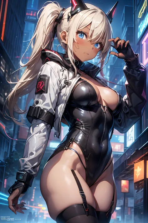 1 girl, ((dark skin)), (platinum blond hair), (cyberpunk, mechanical),  (Delicate and beautiful leotard, coat, headgear), zettai ryouiki, twin tail, (embarrassed expression), detailed skin, (oily skin), glossy skin, fine skin, (beautiful hair), (beautiful ...