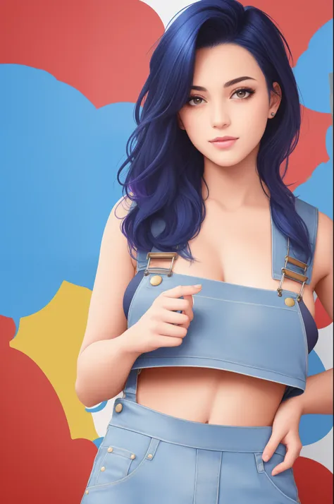 Award-winning bust portrait，A woman wearing a crop top and overalls，With dark blue hair，The head is moving，Hair soars, paint splash, spatter, Transcendent, Auto parts, shaded flat illustration, number art, Hot topics on artstation, The is very detailed, fi...