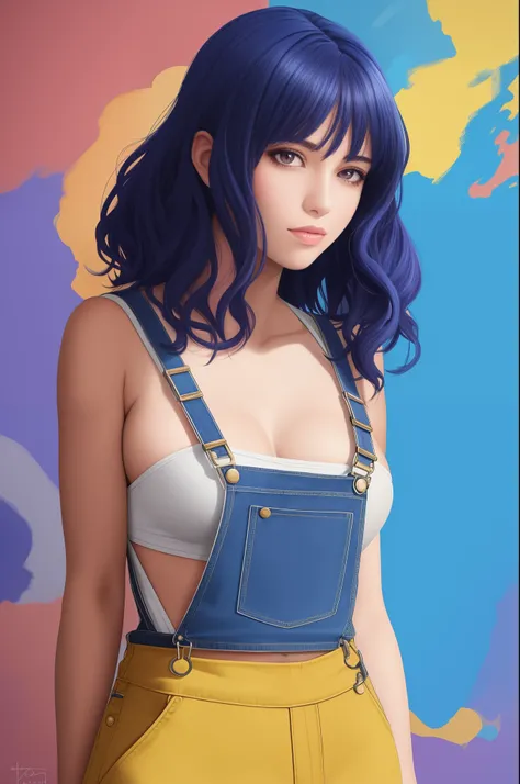 Award-winning bust portrait，A woman wearing a crop top and overalls，With dark blue hair，The head is moving，Hair soars, paint splash, spatter, Transcendent, Auto parts, shaded flat illustration, number art, Hot topics on artstation, The is very detailed, fi...