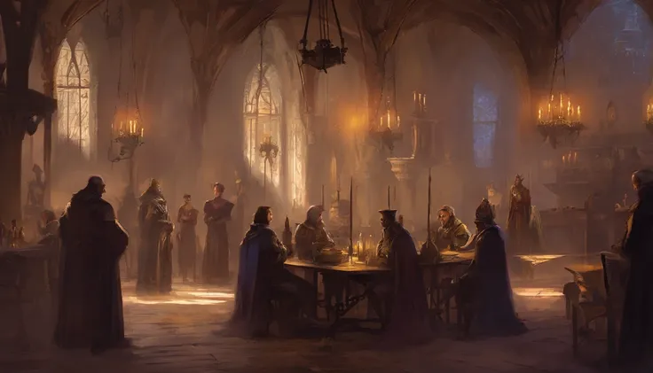 inside a medieval fantasy noble estate in the corner of a grand hall in the late evening, there are many nobles gathered and chatting at a social gathering, the atmosphere is of conspiracy,