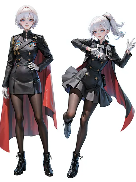 (((1girl in))),lily weiss,earrings,military uniform, black dress, cape, white gloves, pantyhose, high heel boots,((full body)),t...