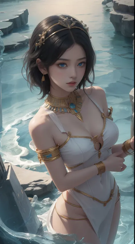 tmasterpiece，Highest image quality，Beautiful bust of noble ancient egyptian girl，Delicate black hairstyle，Short hair tied up，clear sea blue eyes，Ancient Egyptian white clothes were simple and elegant，Ancient Egyptian civilization，pyramid，A desert，ultra - d...