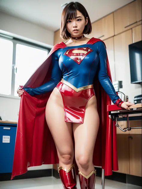 ​masterpiece,Short-haired supergirl spreading her thighs on a hospital operating table、large full breasts、Looking at the camera、Glossy enamel costume、Glossy red enamel long boots、shiny red enamel skirt、a choker、Glimpse、Fluttering cloak、seduces、sexypose、sha...