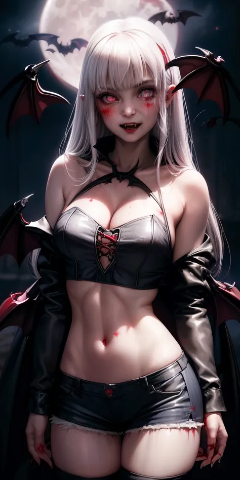 realistic, 1girl, (vampire girl:1.4), white hair, (red eyes), glowing eyes, slit pupils, (blood, blood splatter), crop top, cleavage, short shorts, collarbone, parted lips, fangs, makeup, blush, night, reflection, full moon, moonlight, rose, castle, shadow...