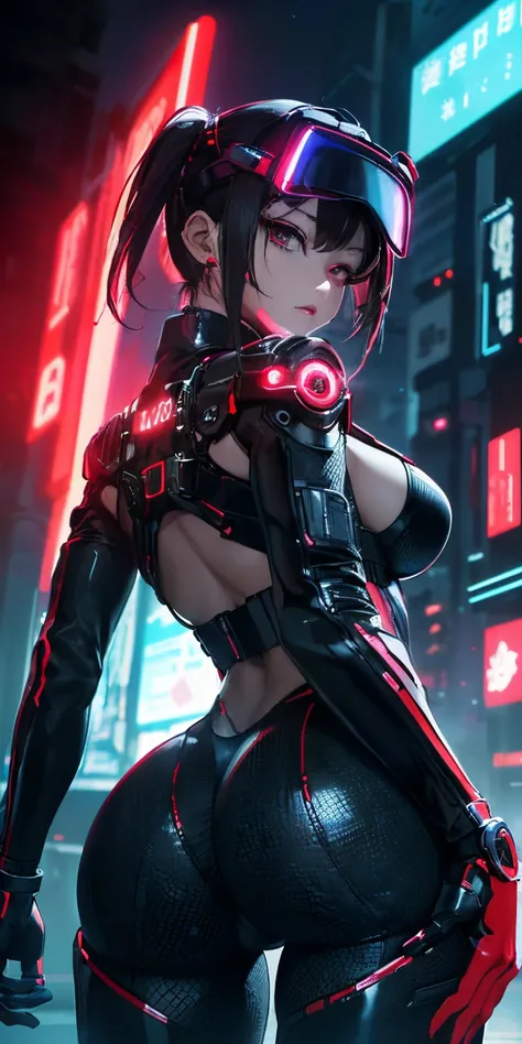 top-quality))、((​masterpiece)、looks to the side、Emphasizes cleavage、cyberpunked、Big buttocks、Electronic visor attached to 12-year-old girls face with emphasis on buttocks、Cyberpunk Fashion、Versatile sexy poses、(Wearing red body spats on the lower body、Brea...