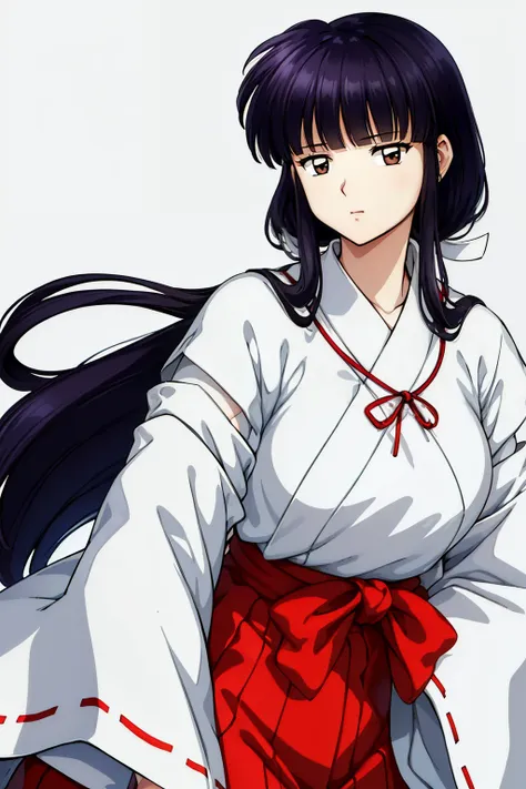 simple white background,
white kimono,white japanese clothing,wide sleeves,
red hakama,red skirt,
bangs, blunt bangs, brown eyes...