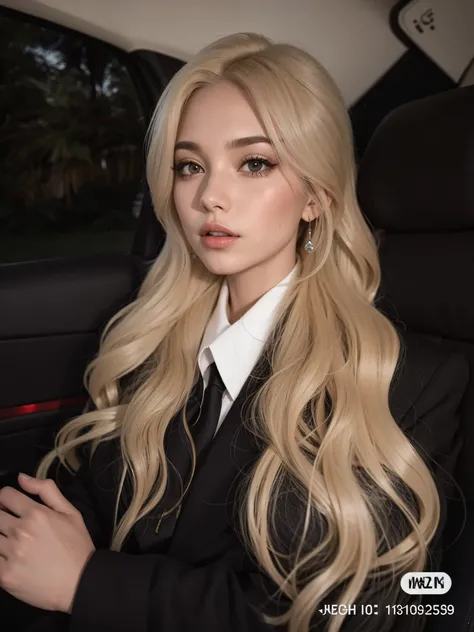 Mulher loira com cabelo longo em um carro usando terno e gravata, ava max, longos cabelos loiros e olhos grandes, Cl, com longos cabelos loiros, longos cabelos loiros e olhos grandes, com cabelos longos brancos, com longos cabelos brancos, com cabelos loir...