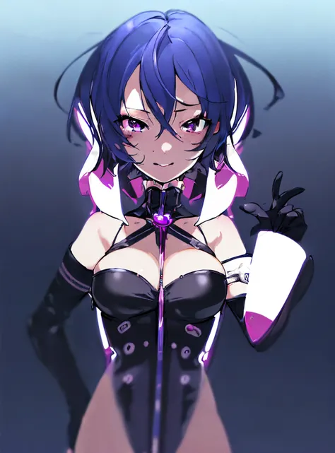 (best quality, 4k Illustration, highres, realistic:1.2), ultra-detailed, vivid colors, (anime:1.1, sensual, sexy), purple eyes, black hair, purple corset, ahegao face, ahegao expression