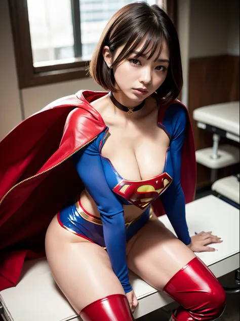 ​masterpiece,Short-haired supergirl spreading her thighs on a hospital operating table、large full breasts、Looking at the camera、Glossy enamel costume、Glossy red enamel long boots、shiny red enamel skirt、a choker、Glimpse、Fluttering cloak、seduces、sexypose、sha...