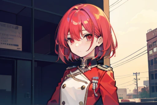 Short hair, Red hair, Flat chest, 1girll, Red eyes, teens girl, hair pin, Solo, Tsundere, A high resolution, (Prussian military uniform)