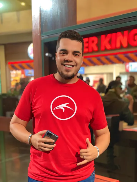 Homem de camisa vermelha segurando um celular, caio santos, Condutor de Ene, Streamer do Twitch / Jogador Ludwig, Directed by: Samuel Silva, david rios ferreira, Directed by: Ramon Silva, imagem do avatar, camisa vermelha, danilo torres, Directed by: Danie...