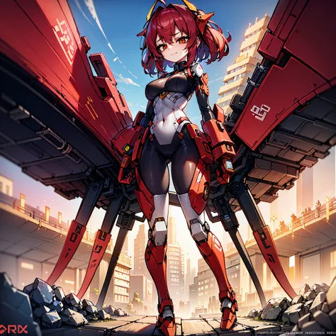 1girl, red hair, medium hair, olhos amarelos, sorridente, robot girl, Mecha Menina, armadura de metal vermelho, floating into the sky, floating robot, Sunset, Orange skye, 4k, master part, disco Rigido