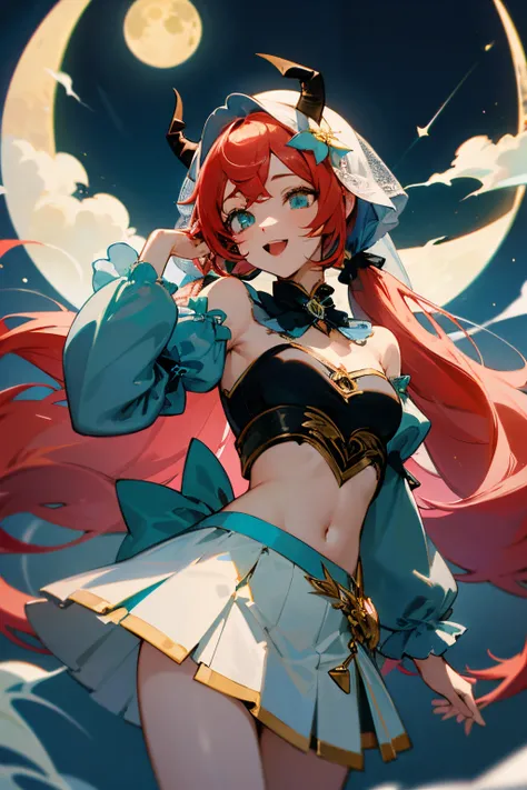 masterpiece, best quality, absurdres, nilou (neither flower nor mist) (genshin impact), aqua eyes, nilou (genshin impact), fake horns, 1girl, solo, red hair, veil, smile, moon, long hair, white blue crop top gold detail, jewelry, black horns with gold deta...