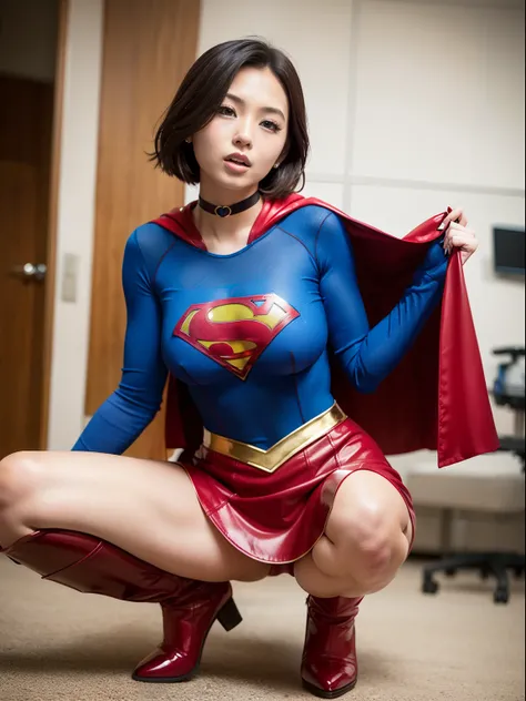 ​masterpiece,Short-haired supergirl spreading her thighs on a hospital operating table、large full breasts、Looking at the camera、Glossy enamel costume、Glossy red enamel long boots、shiny red enamel skirt、a choker、Glimpse、Fluttering cloak、seduces、sexypose、sha...