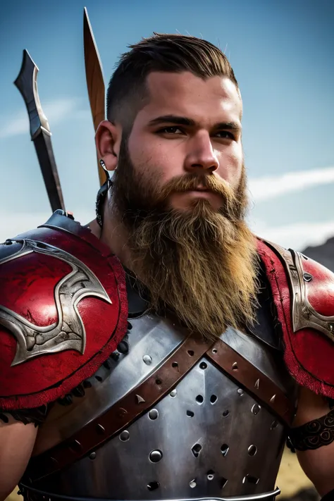 guerreiro viking com uma armadura vermelha e partes em pele de lobo, sem barba, 25 anos, cabelo castanho claro e curto, segurando um machado, cenario de fundo de uma geleira, realista, alta qualidade, rosto bonito