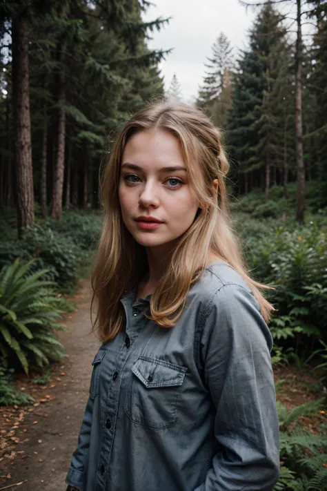 Photo of beautiful 24 y.o Kate Mildrew, blonde hair,  blue eyes, detailed eyes, pale skin, forest, hiking, grey with black stripes urban outfitters  flannel, cute, happy, hyper-realistic, Photograph, rule of thirds, adventure, Instagram