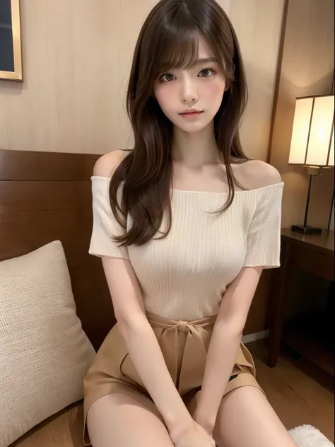 Best Quality, masutepiece, 超A high resolution, (Photorealistic:1.4), Raw photo
,(((Spread your legs, Sit with your knees bent)))),Full body shot,(A detailed face),　(19 year old Japanese beautiful girl)、(Natural makeup),1womanl,Brown hair,Medium Hair,Asymme...