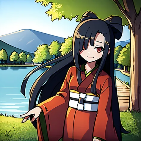 Young woman, black hair, kimono, red kimono, smiling, in a grass, looking at viewer, lake behind in the background, japan, 4k, masterpiece,