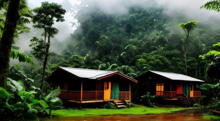 chuva forte em uma vila de cabanas na floresta tropical, com muita neblina