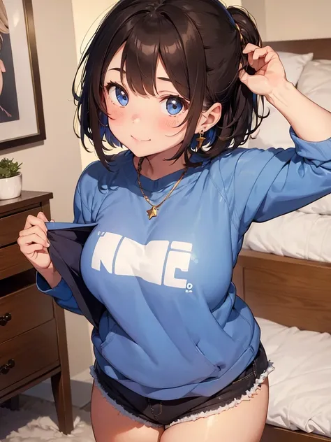 Masterpiece, 1girl, chubby mother with brown hair and deep shiny blue eyes that are attractive, wearing a sweatshirt and short shorts that show her thick thighs, medium sized boobs, 4K quality, ultra detailed, cute face, gentle smile, blush, Short Hair mix...