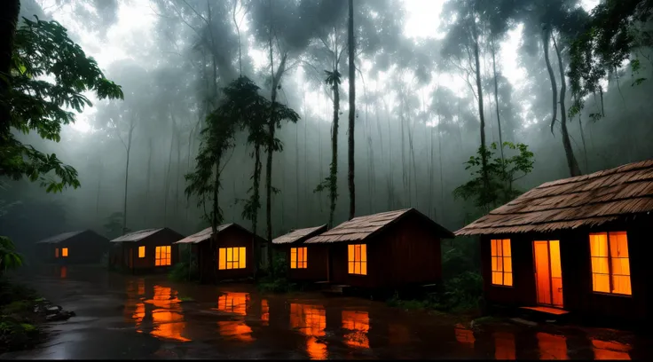 heavy rain in a village of cabins in the rainforest, with lit windows, and a lot of fog