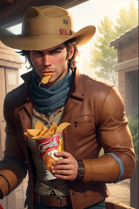 Arthur Morgan eating pringles