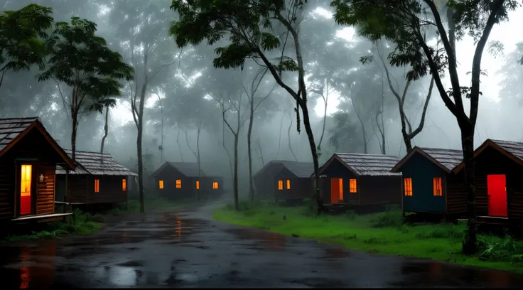 heavy rain in a village of cabins in the rainforest, with lit windows, and a lot of fog