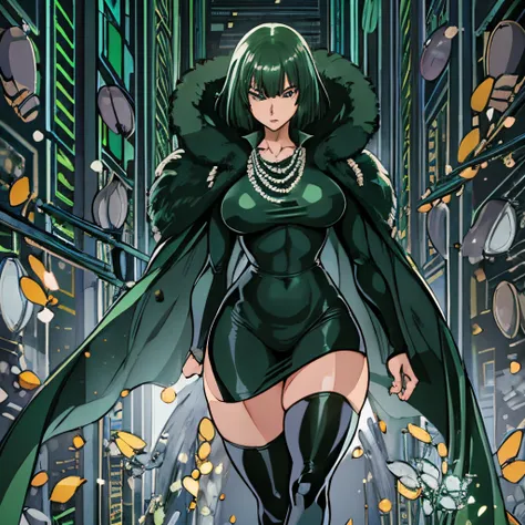 full body:1, high quality, extremely detailed, perfect face, masterpiece, Fubuki (one punch man),  Transparent clothes, green-black short hair, long sleeved black latex longest dress,  Plump thighs, clamping thighs,  thick thighs, wide hips, slender waist,...