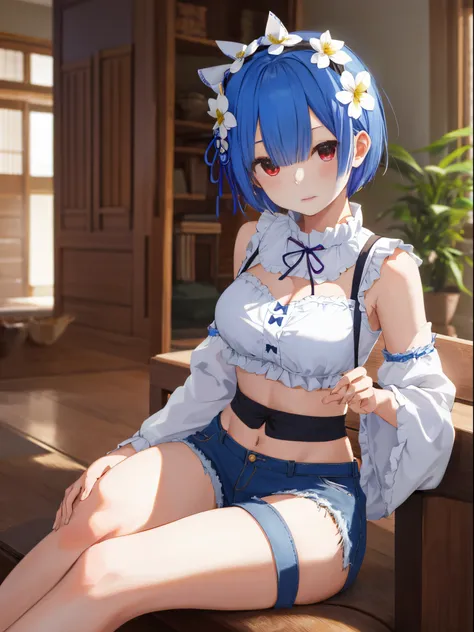 masutepiece, Best Quality, hight resolution, ram1, 1girl in, Solo, Remu (Re:Staynight), Blue hair, Short hair, Red Eyes, Hair over one eye, Ribbon trim, Hair Ribbon, X Hair Ornament, frilld, Crop Top White, Denim shorts,medium breasts, cleavage, Wide sleev...