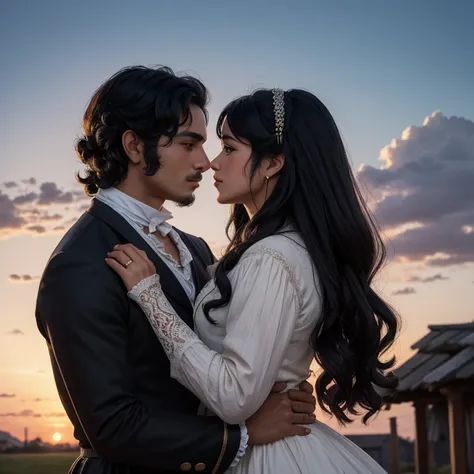 A couple under the evening sky about to kiss in the year 1810, dressed according to the era, la mujer cabello negro semi recogido, el hombre cabello rubio alto y guapo